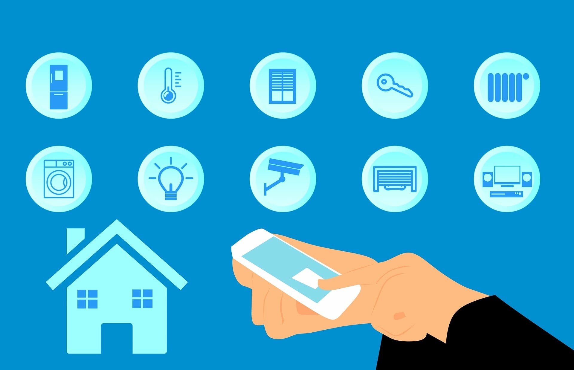 An illustration showing a smartphone being operated with a house in background and multiple apps in the cloud, depicting home automation