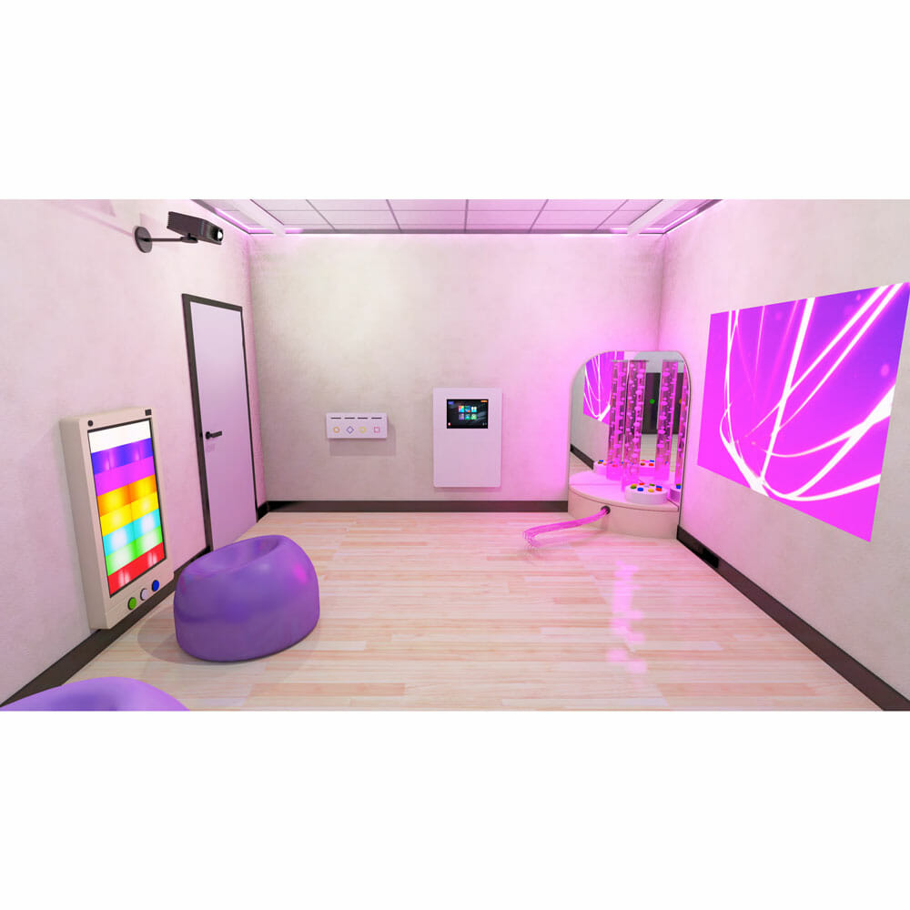 An interactive sensory room fitted with light panels and visually stimulating coloured furniture