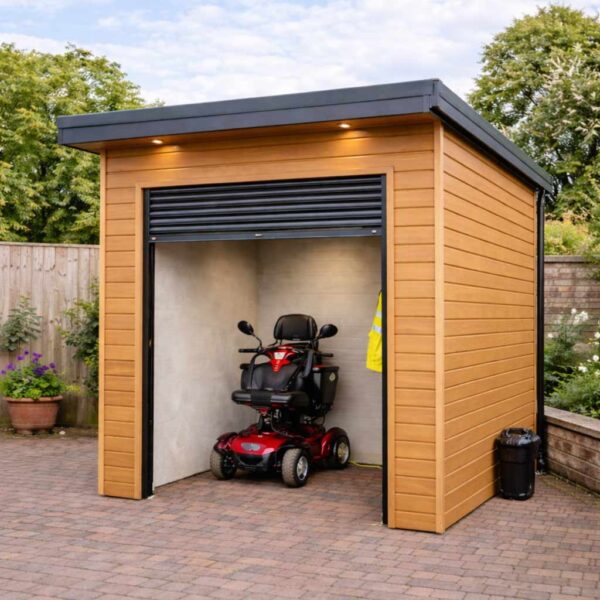 Dedicated mobility scooter garage with roller shutter door